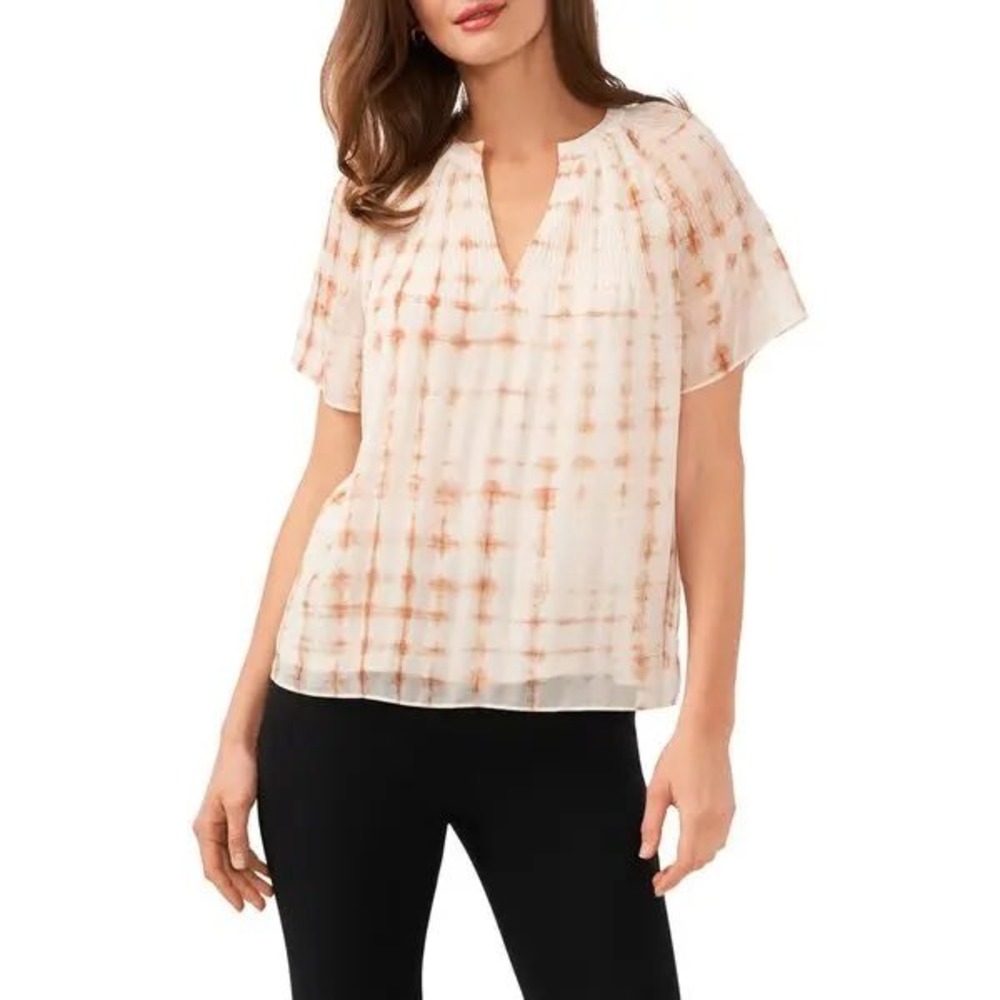 Halogen Womens Size Large Print Pleated Top White Orange Clay Chiffon Split Neck